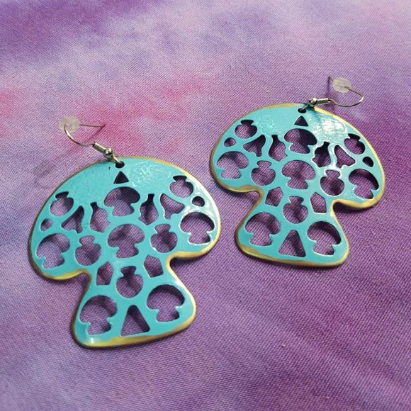 Handmade Metal Aqua & Gold Mushroom Cutout Earrings - Picture 3 of 4